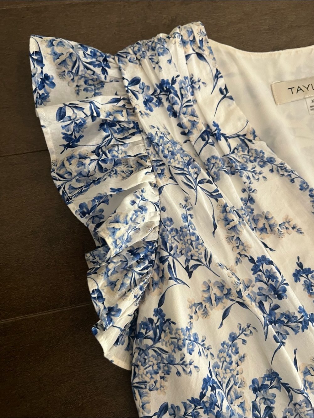 Taylor White and Blue Floral Mini Dress with Ruffle Sleeves - Picture 6 of 8